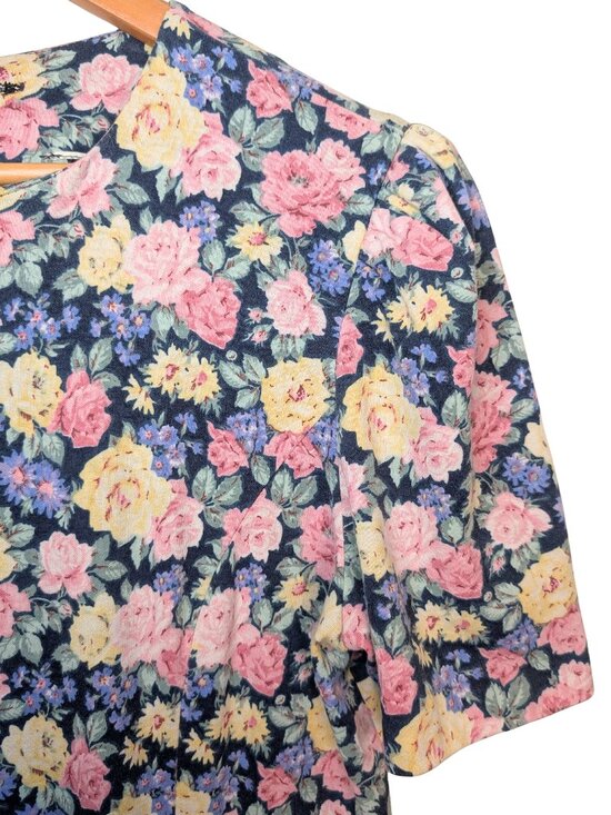 Vintage Womens Medium Midi Dress navy Floral Puff Sleeve Pockets Cottagecore - Picture 4 of 7
